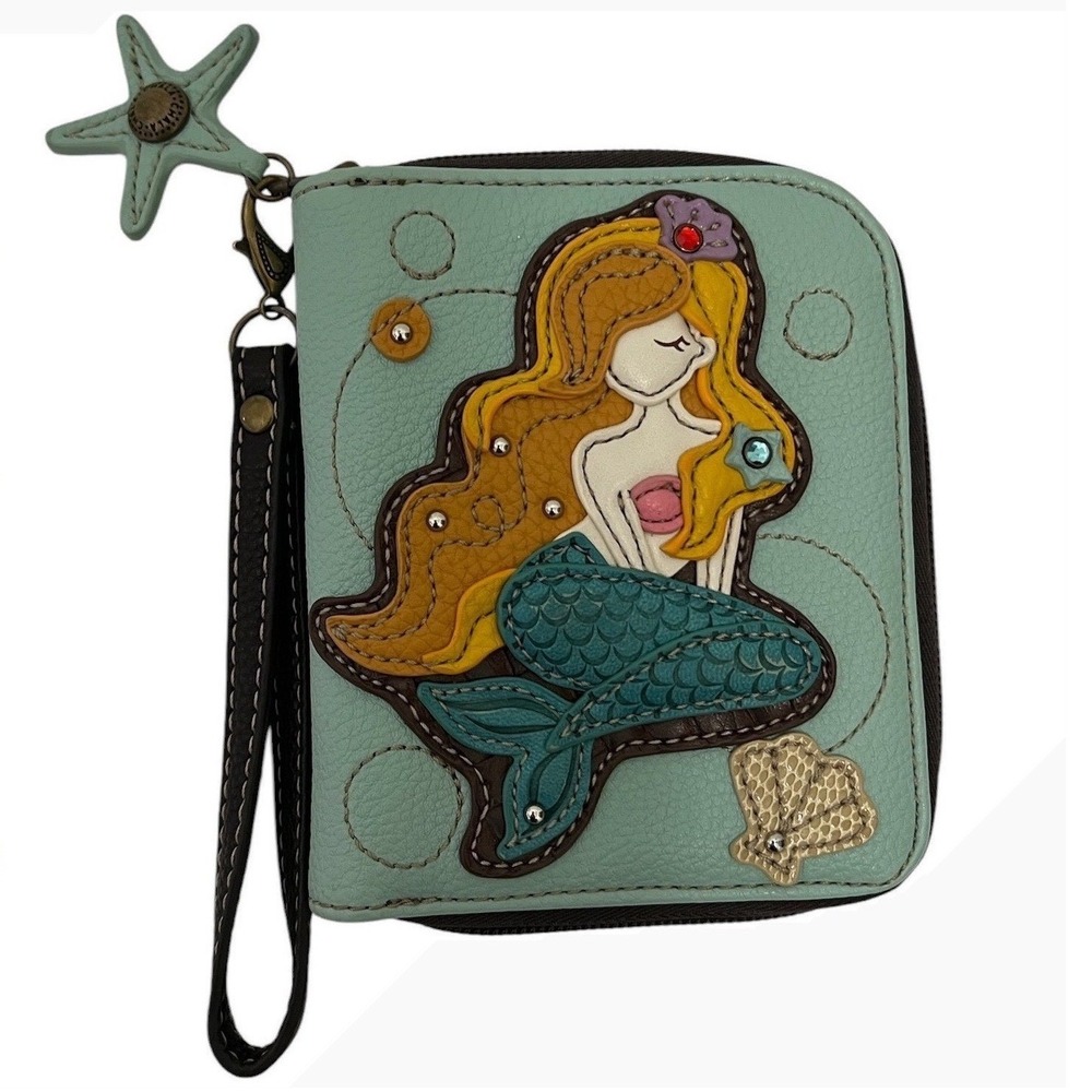 Chala Mermaid Zip-Around Wallet Wristlet Seafoam Green Faux Leather Starfish